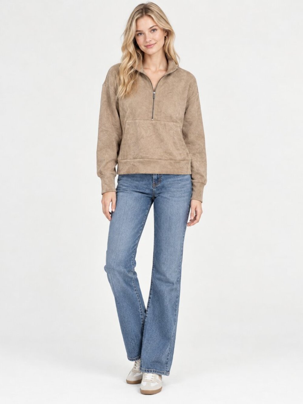 2/$30 T TAHARI Half-Zip Faux Suede Pullover Sweatshirt Mocha 6 #A5036
